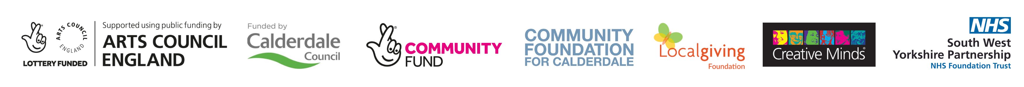 Funders logos - Arts Council England, Calderdale Council, The National Lottery Community Fund, Community Foundation for Calderdale, Local Giving, Creative Minds, and South West Yorkshire Partnership NHS Trust