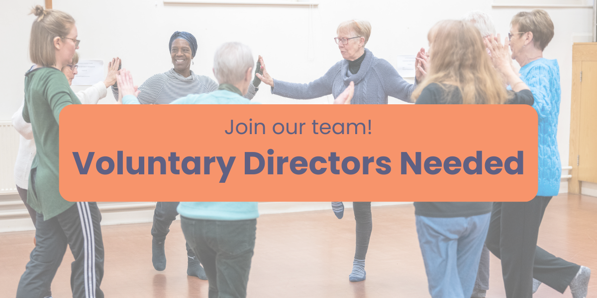 Group of people dancing in a circle the the text 'Voluntary Directors Needed'